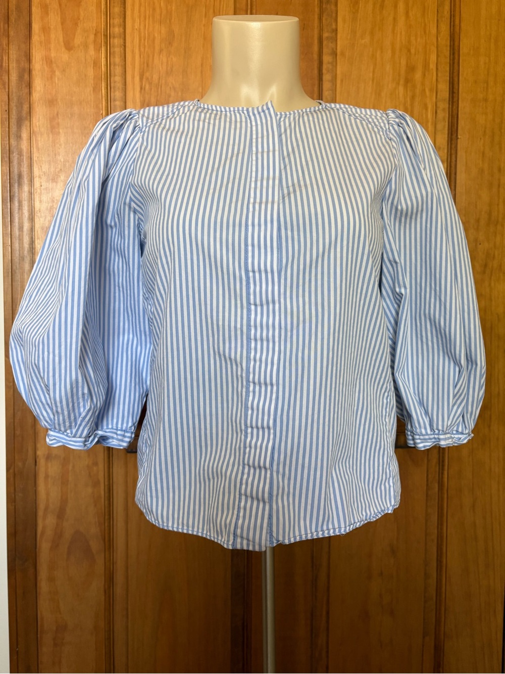 Zara Blue White Striped Balloon Puff Sleeve Hidden Placket Cotton Top XS